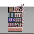Retail Product Display On Multi Layered Shelf With Pink Cherry Blossom Decorations Pastel Colored Packages