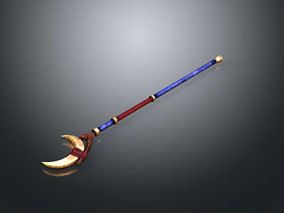 Ornate Polearm Weapon With Blue Red Shaft And Golden Decorative Head 3d model