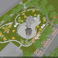 Scenic Park Landscape with Central Pool Rockery Pavilion Surrounding Trees Orange Flowers and White Umbrellas