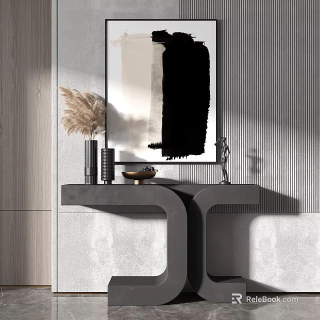 Modern Console Table With Black White Artwork Decorative Vase And Pampas Grass 3d model