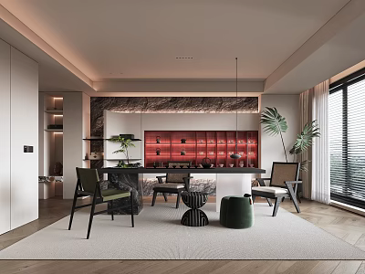 Modern Tea Room Interior With Wooden Tea Table Comfortable Chairs And Green Plants 3d model