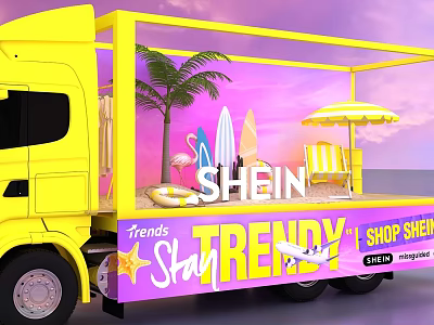 SHEIN Trendy Yellow Mobile Fashion Truck With Palm Tree Surfboard Umbrella And Beach Decor 3d model