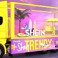 SHEIN Trendy Yellow Mobile Fashion Truck With Palm Tree Surfboard Umbrella And Beach Decor