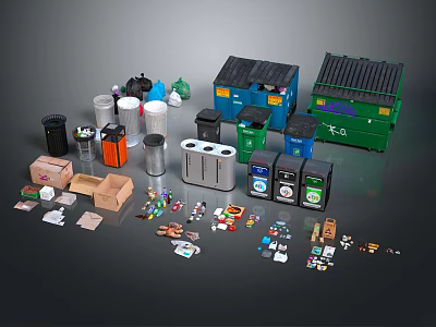 Colorful Recycling Waste Bins With Various Trash Items And Containers 3d model
