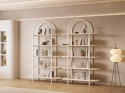 White Arched Shelving Unit with Multiple Shelves Displaying Books Decorative Items in Modern Interior 3d model