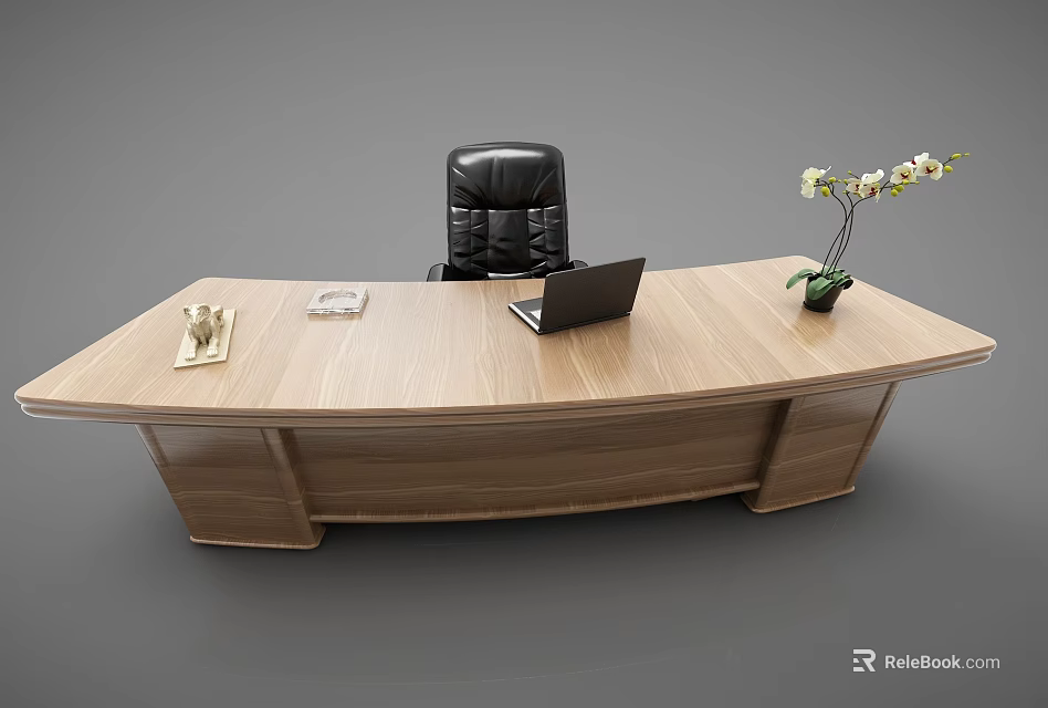 Executive Wooden Office Desk With Laptop Book Golden Ornament White Flowers And Black Leather Chair 3d model 