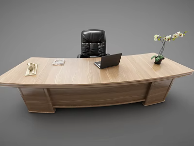 Executive Wooden Office Desk With Laptop Book Golden Ornament White Flowers And Black Leather Chair 3d model