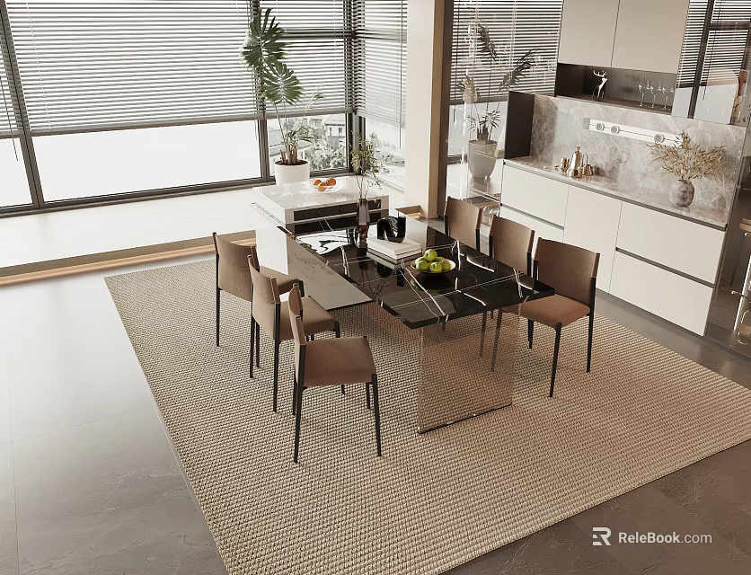 Modern Dining Table Set With Black Glass Top Brown Chairs Light Rug And Large Windows 3d model 