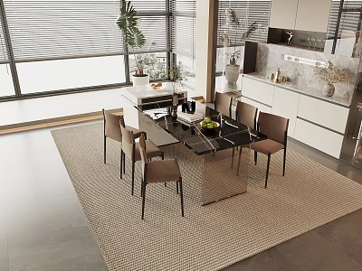 Modern Dining Table Set With Black Glass Top Brown Chairs Light Rug And Large Windows 3d model