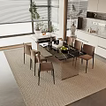 Modern Dining Table Set With Black Glass Top Brown Chairs Light Rug And Large Windows