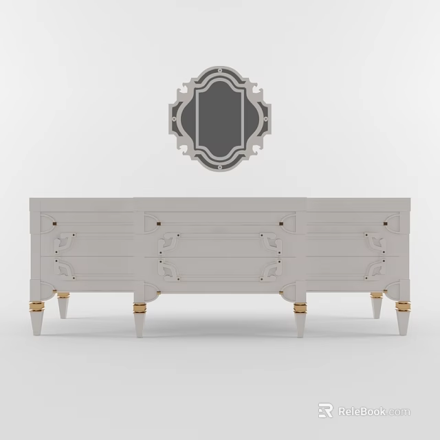 Elegant White Dresser With Golden Legs And Decorative Mirror Above Drawers 3d model 