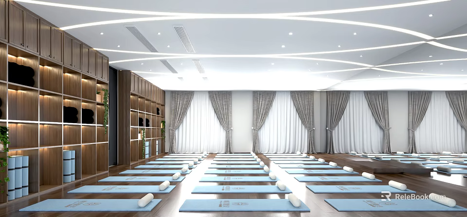 Spacious Yoga Studio With Well Arranged Mats Wooden Cabinets And Curtains For Fitness Practice 3d model 