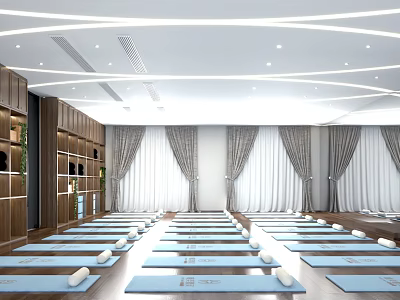 Spacious Yoga Studio With Well Arranged Mats Wooden Cabinets And Curtains For Fitness Practice 3d model
