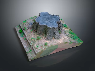 Detailed Tree Stump Model on Square Base with Green Grass and Small Plants 3d model