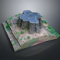 Detailed Tree Stump Model on Square Base with Green Grass and Small Plants