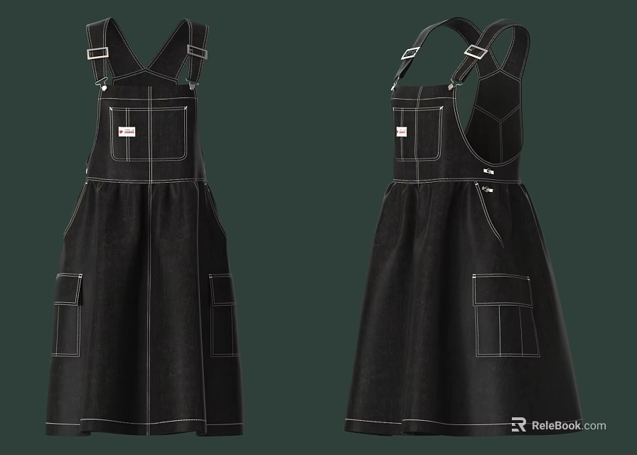 Black Dungaree Dresses With Multiple Pockets And Stitched Details For Casual Wear 3d model 