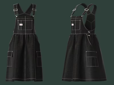 Black Dungaree Dresses With Multiple Pockets And Stitched Details For Casual Wear 3d model