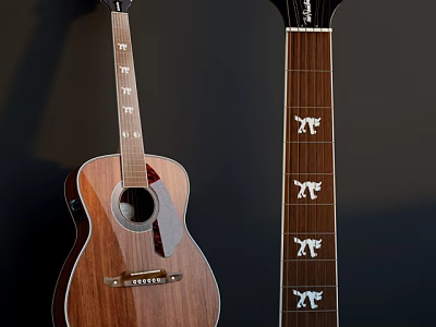 Wooden Acoustic Guitar With Decorative Neck Inlays And Musical Craftsmanship 3d model