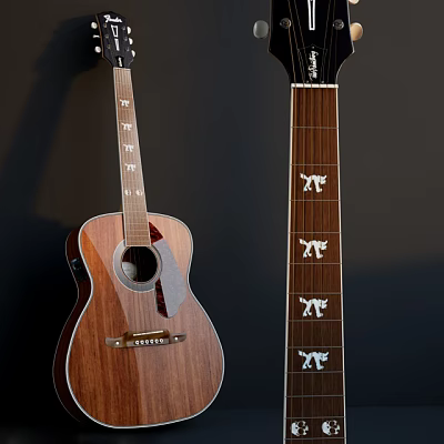 Wooden Acoustic Guitar With Decorative Neck Inlays And Musical Craftsmanship 3d model