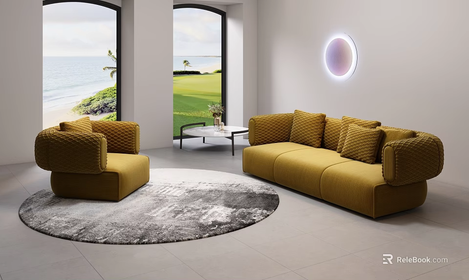 Modern Yellow Sofa and Coffee Table Set with Circular Rug and Ocean View 3d model 