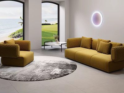 Modern Yellow Sofa and Coffee Table Set with Circular Rug and Ocean View 3d model