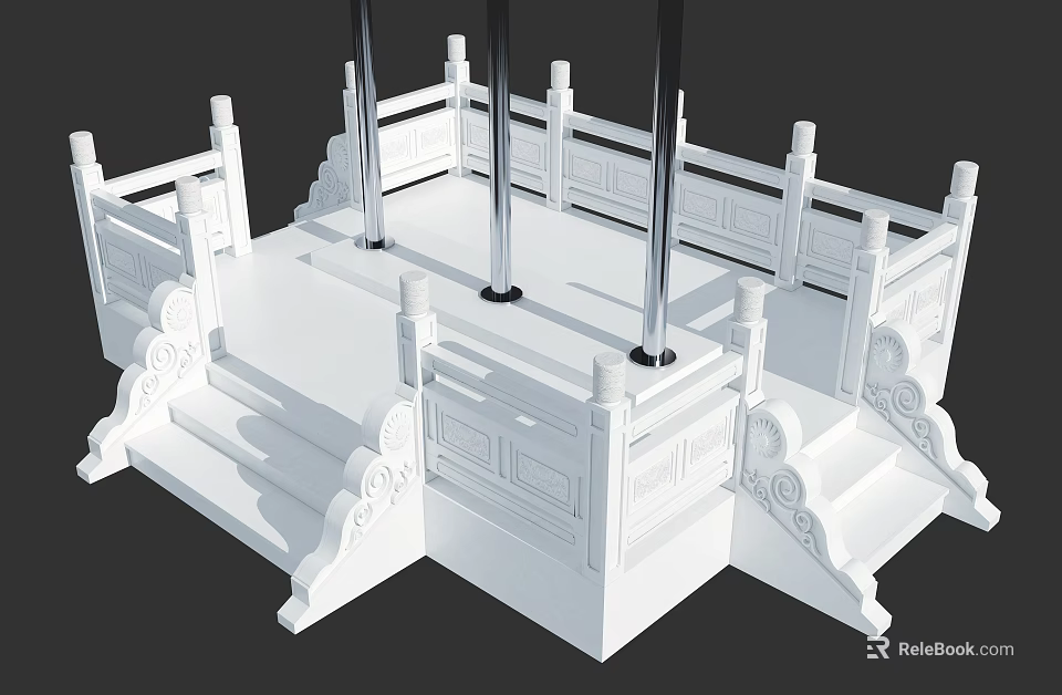 Elegant National Flag Display On White Stone Pedestal With Railing And Flagpoles 3d model 
