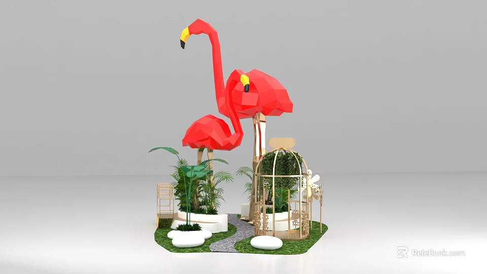 Red Flamingos And Green Plants Photo Spot With Birdcage Decoration Grass Path And Chairs 3d model