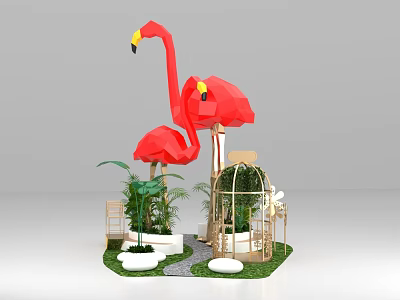 Red Flamingos And Green Plants Photo Spot With Birdcage Decoration Grass Path And Chairs 3d model