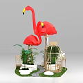Red Flamingos And Green Plants Photo Spot With Birdcage Decoration Grass Path And Chairs 3d model