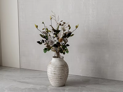 White Striped Ceramic Vase Holding Flower Arrangement On Gray Floor Against Gray Wall 3d model