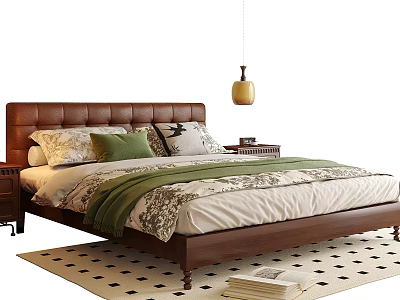 Double Bed with Brown Upholstered Headboard Green Pillow Floral Quilt Yellow Pendant Light Checkered Rug 3d model