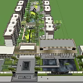Residential Garden Landscape With Neat Trees Green Lawn Central Pathway And High Rise Buildings