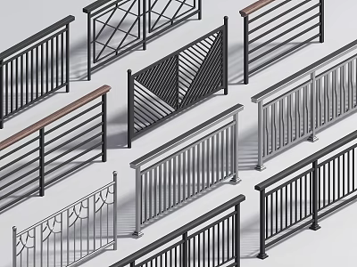 Various Stylish Fence Designs With Metal And Wooden Railings For Outdoor Use 3d model