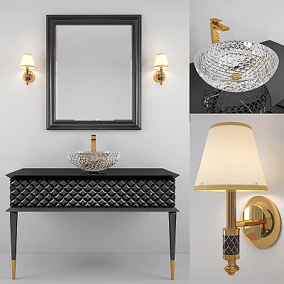 Elegant Black Bathroom Vanity With Glass Washbasin Mirror And Gold Lighting Fixtures 3d model