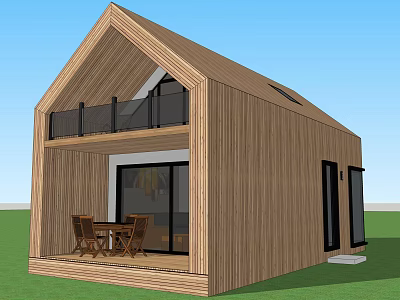 Wooden Two Story Guesthouse With Balcony Glass Windows And Terrace Seating 3d model