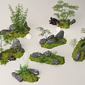 Lush Natural Courtyard Garden With Moss Covered Stones Small Trees And Fern Plants