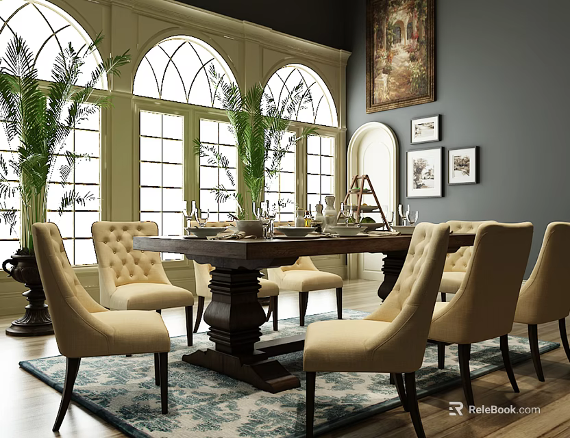Classic Dining Table Set With Tufted Beige Chairs Arch Windows Green Plants And Decorative Rug 3d model 
