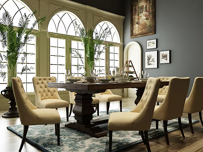 Classic Dining Table Set With Tufted Beige Chairs Arch Windows Green Plants And Decorative Rug 3d model