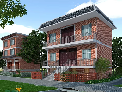Red Brick Detached Villa with Black Roof Second Floor Balcony and Garden Lawn Trees 3d model
