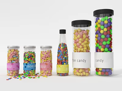 Colorful Candy Pieces in Transparent Jars and Bottles with Labels and Scattered Candies 3d model