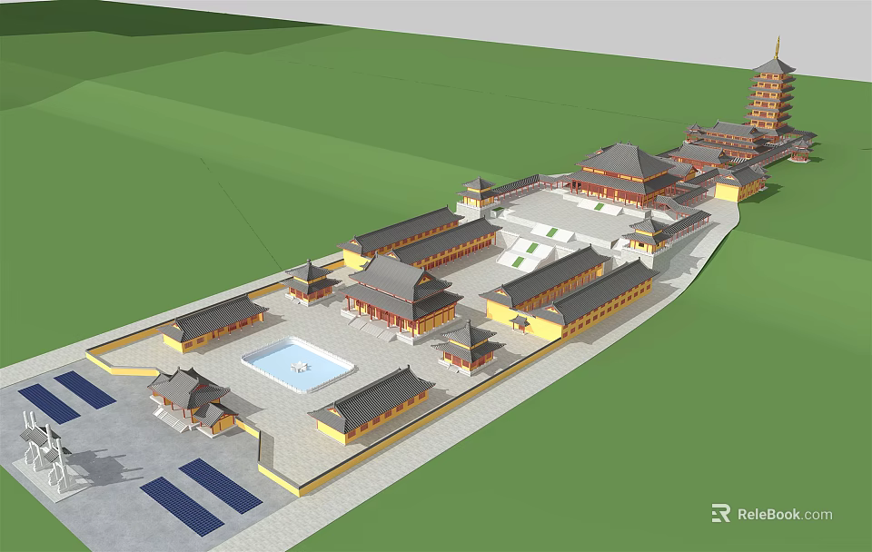 Ancient Chinese Architectural Complex With Traditional Curved Roofs Central Courtyard And Pagoda Structure 3d model 