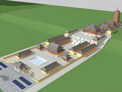 Ancient Chinese Architectural Complex With Traditional Curved Roofs Central Courtyard And Pagoda Structure 3d model