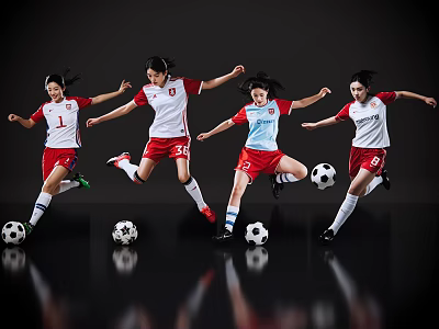 Women Soccer Players Jumping In Red White Jerseys With Soccer Balls On Black Background 3d model