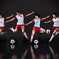 Women Soccer Players Jumping In Red White Jerseys With Soccer Balls On Black Background