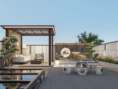 Modern Outdoor Garden Landscape with Pergola Water Feature Stone Tables Chairs and Green Plants 3d model