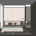 Modern Minimalist Bedroom Interior With Comfortable Bed Curtains Nightstand Hanging Lamp And Wooden Wardrobe