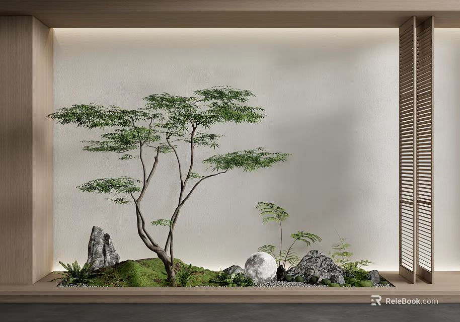 Serene Indoor Landscape With Green Tree Stones Plants And Wooden Shutters 3d model