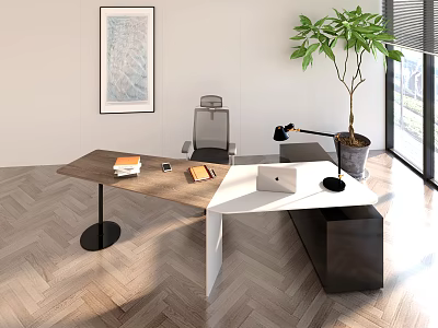 Modern Office Desk With Wooden White Surface Office Chair Desk Lamp Books And Potted Plant 3d model