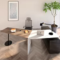 Modern Office Desk With Wooden White Surface Office Chair Desk Lamp Books And Potted Plant
