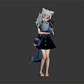 Anime Girl With Cat Ears And Fox Tail Decoration Wearing Blue Dress Holding Red Item
